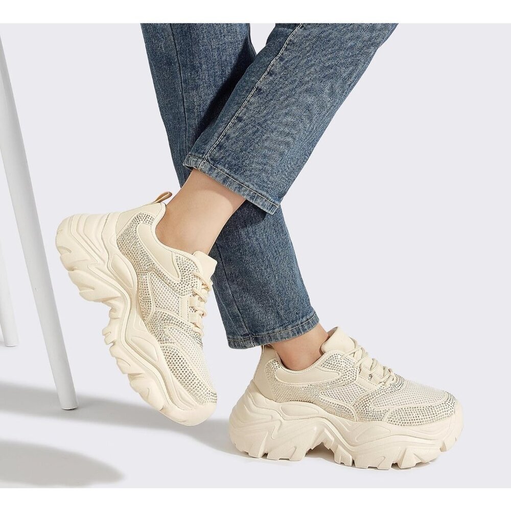 Women Leather Beige Rhinestone Comfortable Wedge Walking Sport Sneakers Shoes - Picture 7 of 9